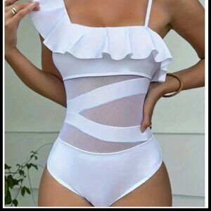 One-piece Women's Mesh Ruffle Asymmetric Swimsuit